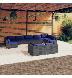 Salon de jardin 10 pcs avec coussins Gris Résine tressée