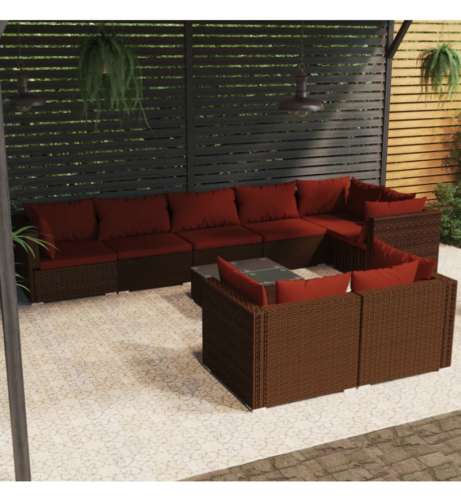 Salon de jardin 9 pcs avec coussins Marron Résine tressée Salon de jardin 9 pcs avec coussins Marron Résine tressée