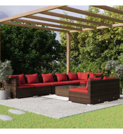 Salon de jardin 9 pcs avec coussins Marron Résine tressée
