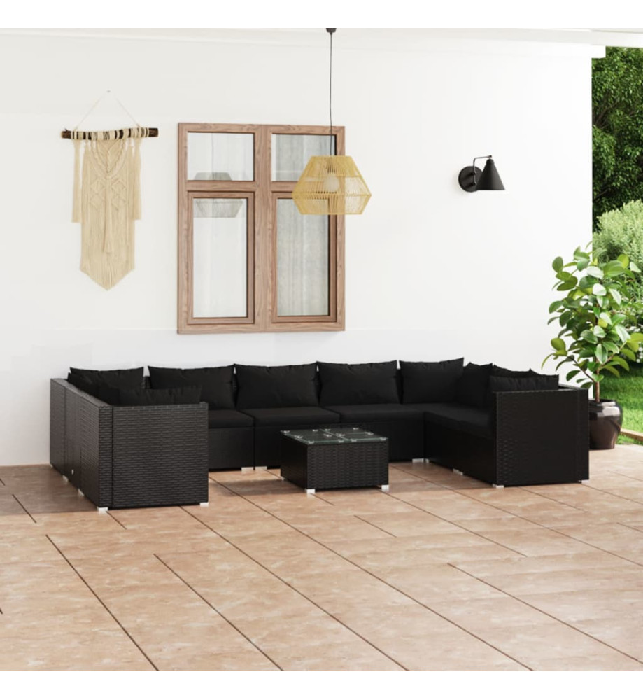 Salon de jardin 10 pcs avec coussins Résine tressée Noir Salon de jardin 10 pcs avec coussins Résine tressée Noir