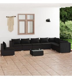 Salon de jardin 9 pcs avec coussins Résine tressée Noir