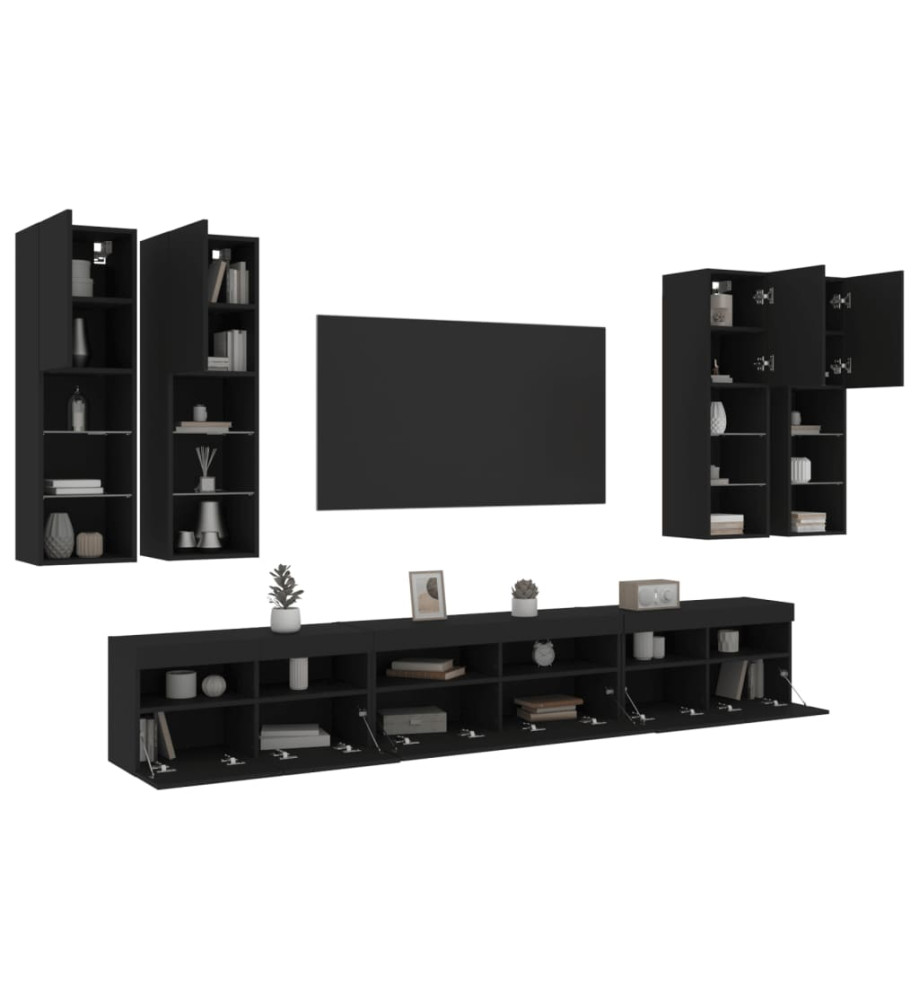 Ensemble de meubles TV muraux 7 pcs avec lumières LED noir