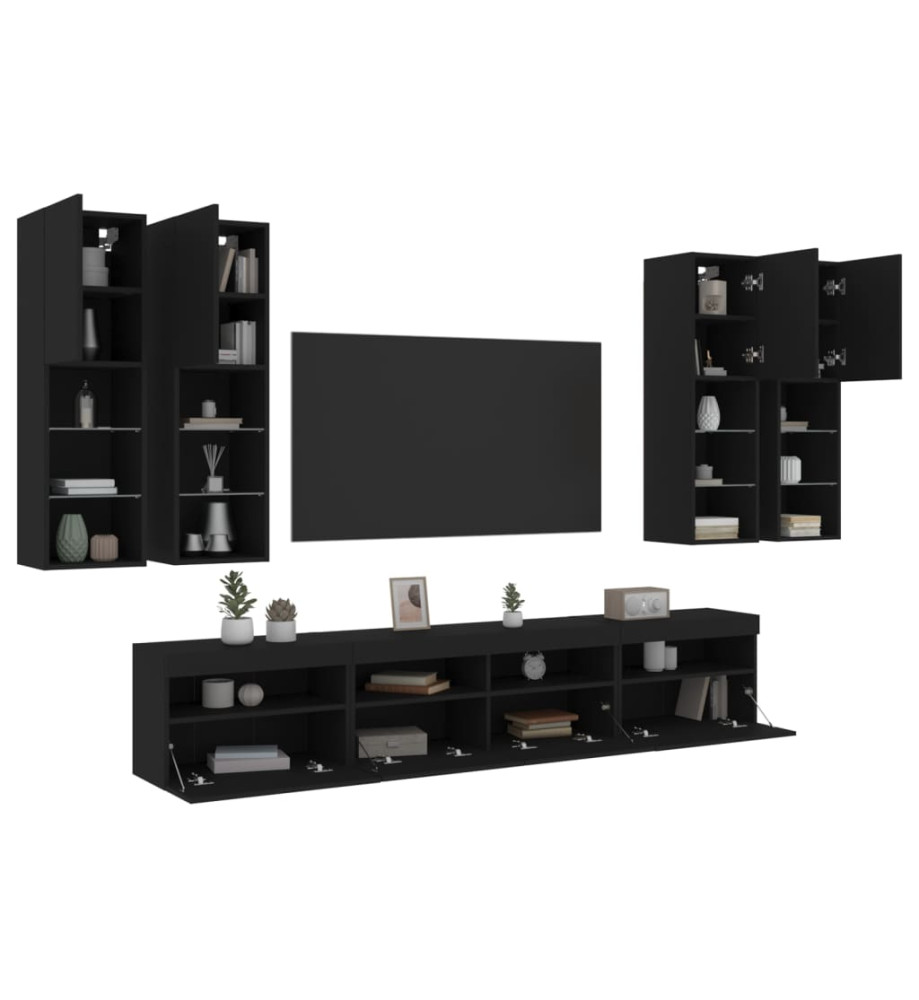 Ensemble de meubles TV muraux 7 pcs avec lumières LED noir