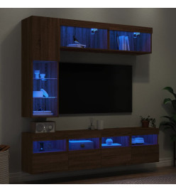 Ensemble de meubles TV muraux 7pcs et lumières LED chêne marron