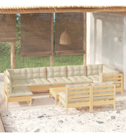 Salon de jardin 10 pcs avec coussins crème bois de pin massif