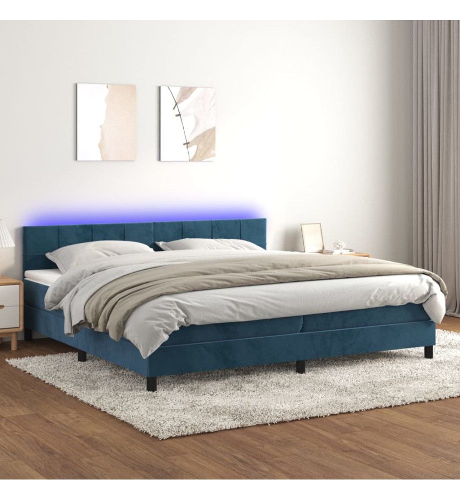 Sommier tapissier matelas et LED Bleu foncé 200x200 cm Velours