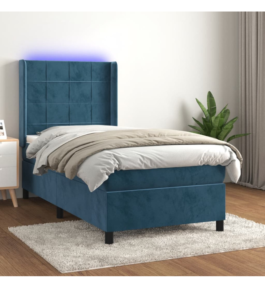 Sommier tapissier matelas et LED Bleu foncé 100x200 cm Velours