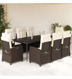Ensemble à manger de jardin et coussins 9 pcs marron poly rotin