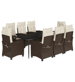 Ensemble à manger de jardin et coussins 9 pcs marron poly rotin