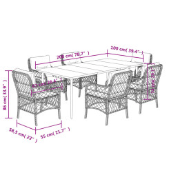 Ensemble à manger de jardin et coussins 7 pcs gris clair rotin
