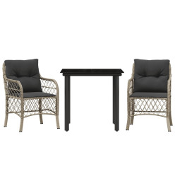 Ensemble de bistro 3 pcs et coussins gris clair résine tressée