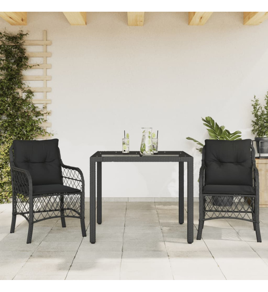 Ensemble de bistro 3 pcs avec coussins noir résine tressée Ensemble de bistro 3 pcs avec coussins noir résine tressée