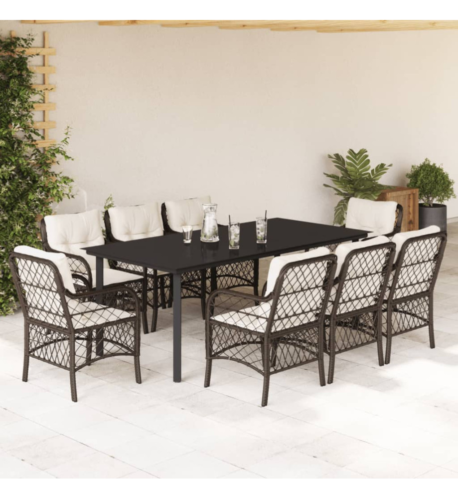 Ensemble à manger de jardin et coussins 9 pcs marron poly rotin Ensemble à manger de jardin et coussins 9 pcs marron poly rotin