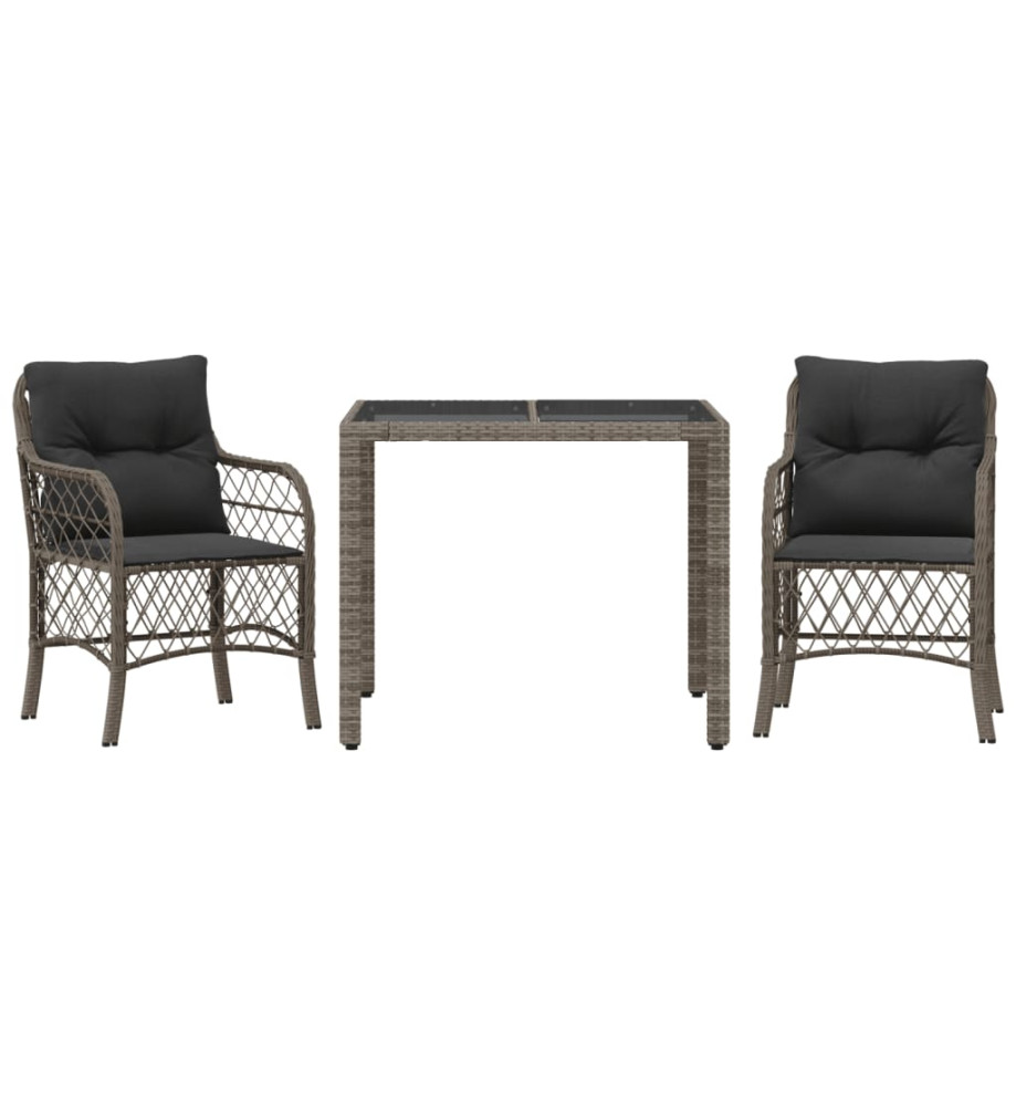 Ensemble de bistro 3 pcs avec coussins gris résine tressée Ensemble de bistro 3 pcs avec coussins gris résine tressée