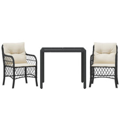 Ensemble de bistro 3 pcs avec coussins noir résine tressée