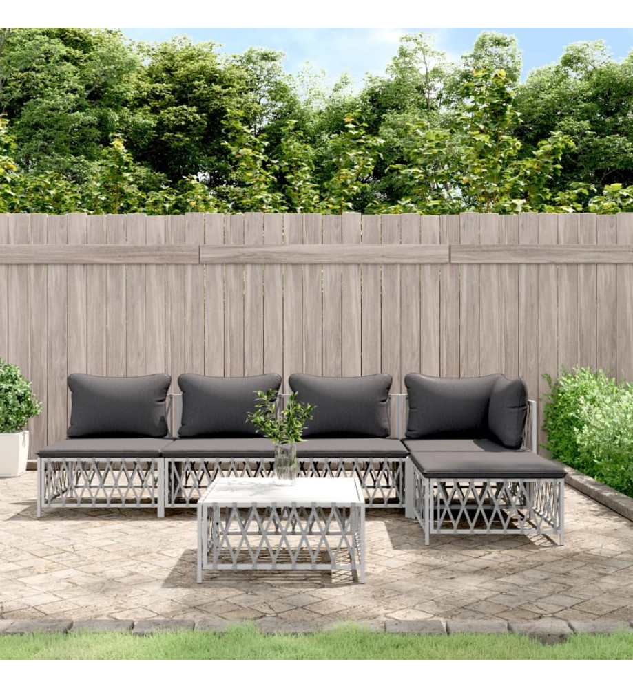 Salon de jardin avec coussins 6 pcs blanc acier