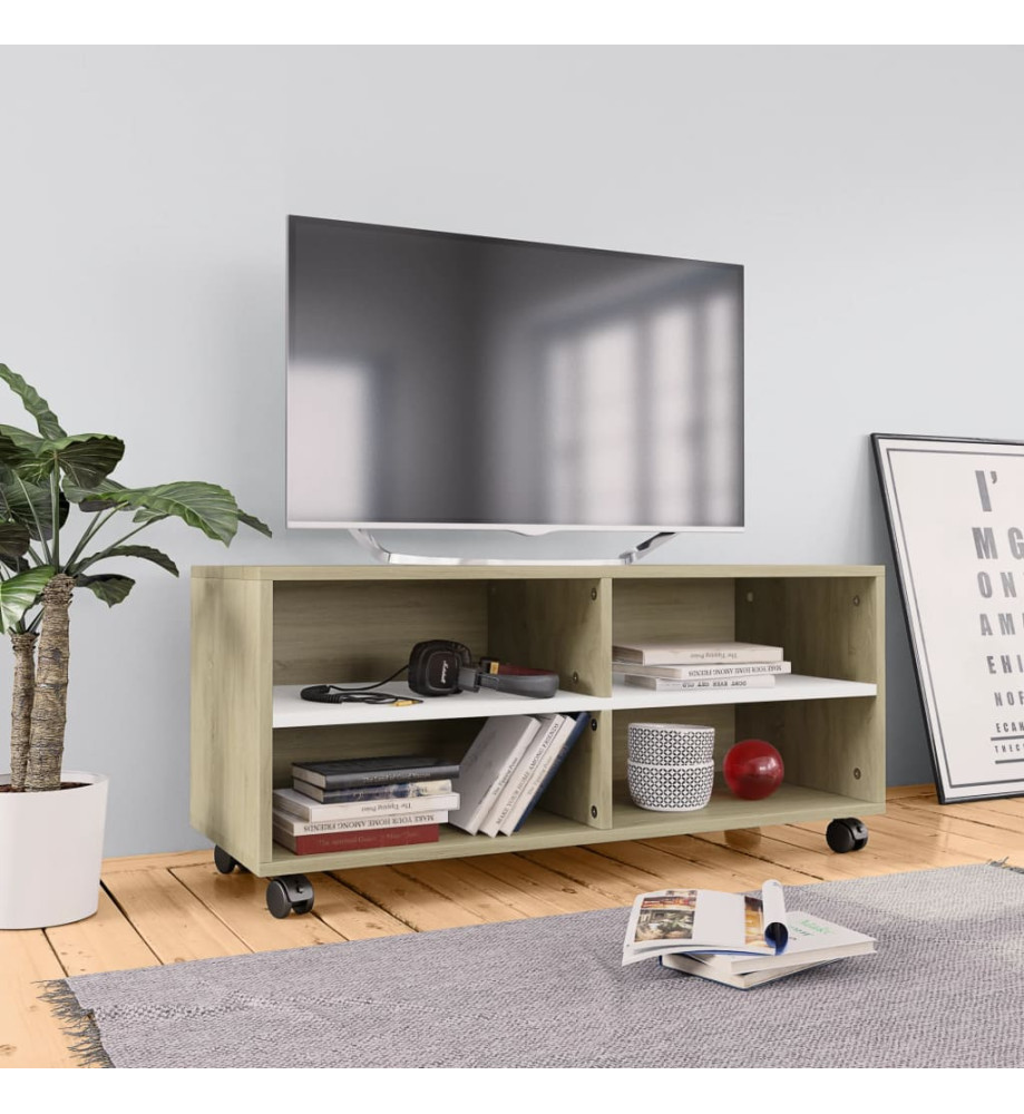 Meuble TV avec roulettes Blanc et chêne sonoma 90x35x35 cm