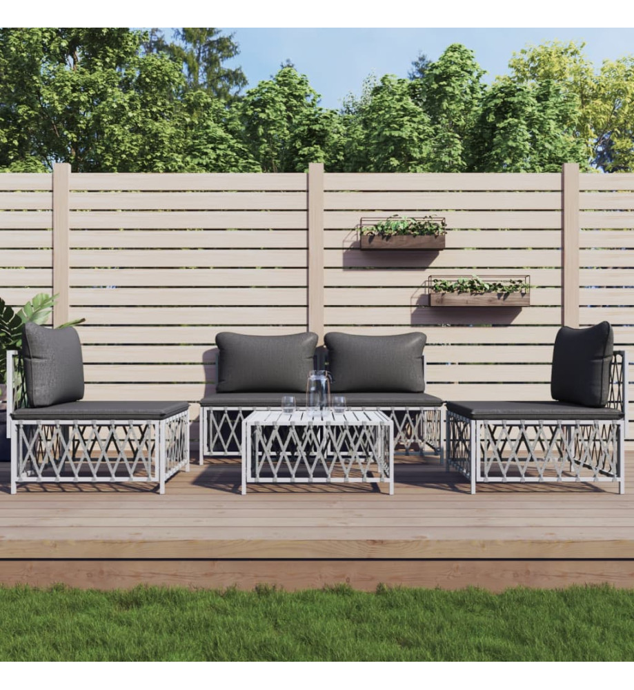 Salon de jardin avec coussins 5 pcs blanc acier