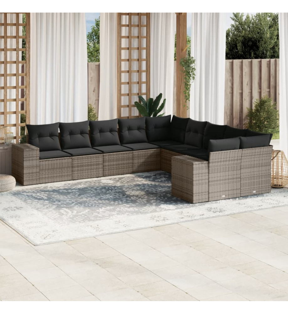 Salon de jardin avec coussins 10 pcs gris résine tressée Salon de jardin avec coussins 10 pcs gris résine tressée