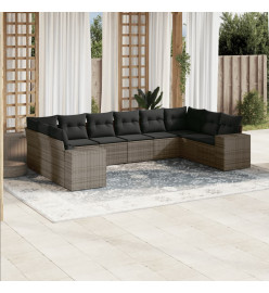 Salon de jardin avec coussins 10 pcs gris résine tressée