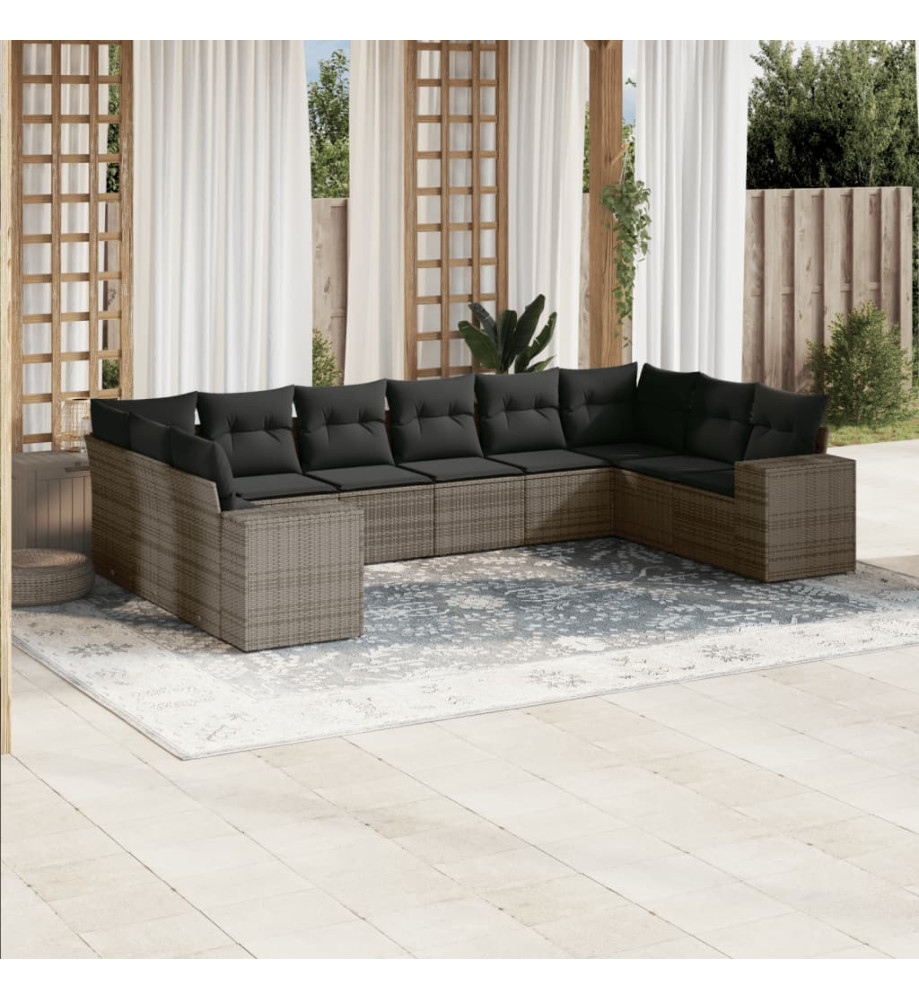 Salon de jardin avec coussins 10 pcs gris résine tressée Salon de jardin avec coussins 10 pcs gris résine tressée
