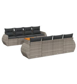 Salon de jardin 9 pcs avec coussins gris résine tressée