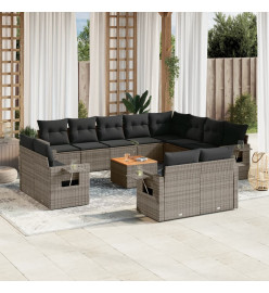 Salon de jardin avec coussins 13 pcs gris résine tressée