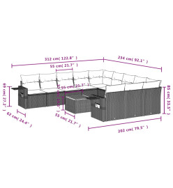 Salon de jardin avec coussins 12 pcs gris résine tressée