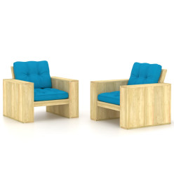 Chaises de jardin 2 pcs avec coussins bleu Pin imprégné