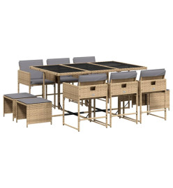 Ensemble à manger de jardin et coussins 11 pcs mélange beige