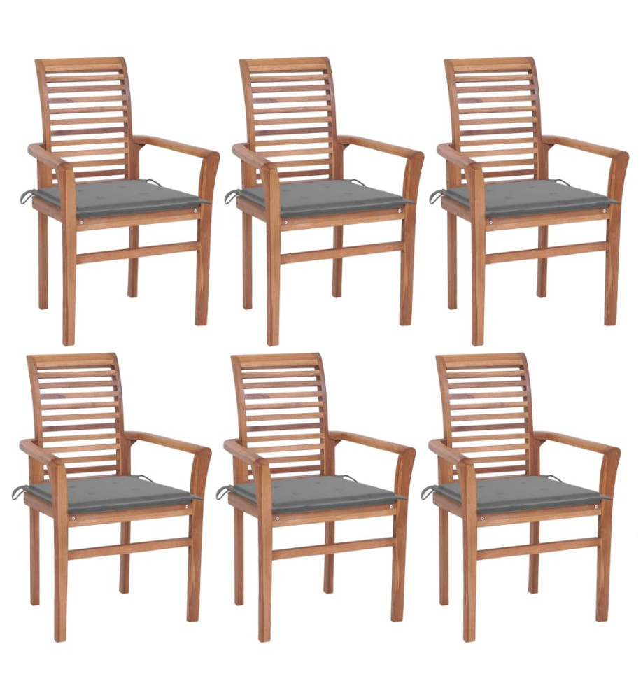 Chaises à dîner 6 pcs avec coussins gris Bois de teck solide