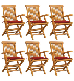 Chaises de jardin avec coussins rouge 6 pcs Bois de teck massif