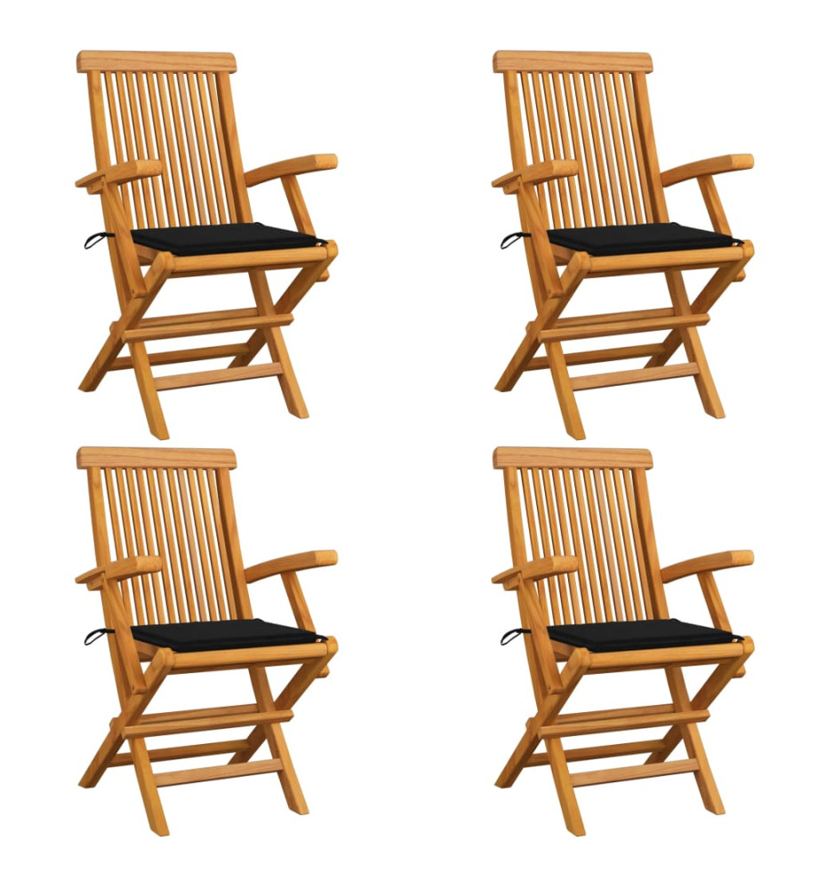 Chaises de jardin avec coussins noir 4 pcs Bois de teck massif