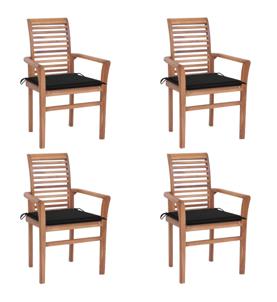 Chaises à dîner 4 pcs avec coussins noir Bois de teck solide