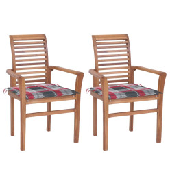 Chaises à dîner 2 pcs avec coussins à carreaux rouge Teck