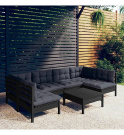 Salon de jardin 7 pcs avec coussins Noir Bois de pin massif