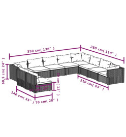 Salon de jardin 10 pcs avec coussins noir résine tressée