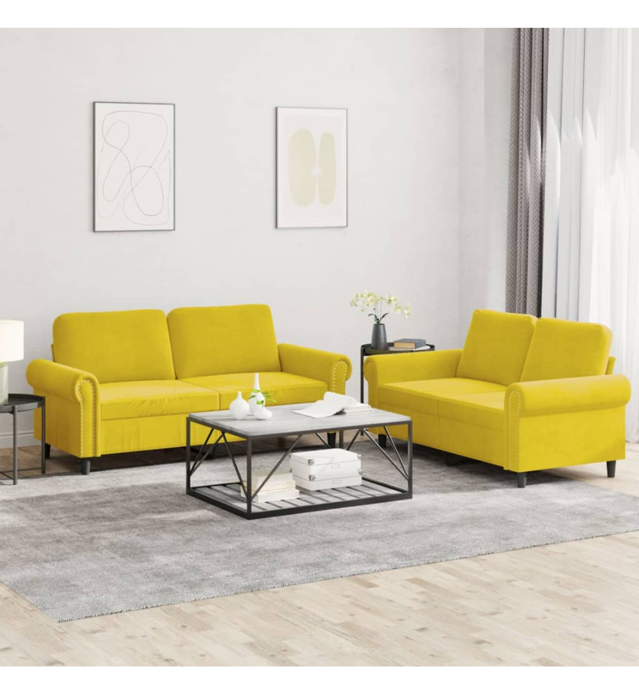 Ensemble de canapés 2 pcs avec coussins Jaune Velours