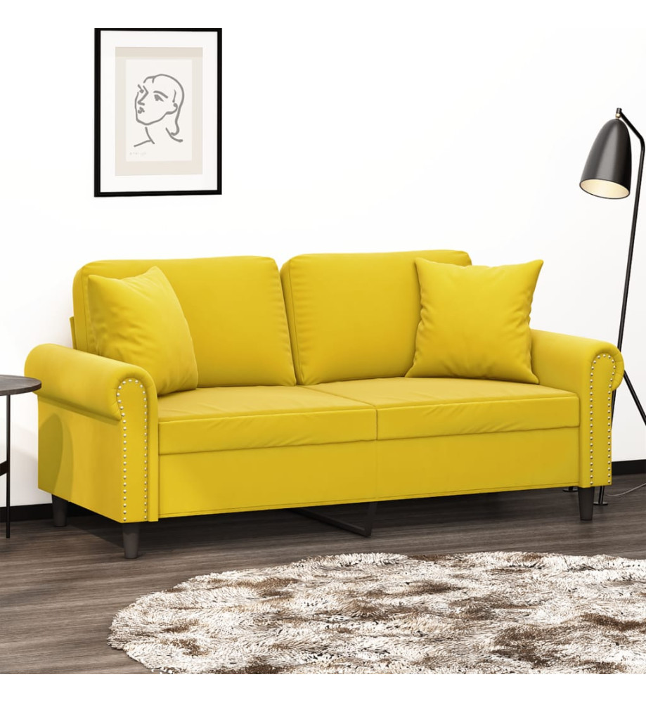 Canapé 2 places avec oreillers décoratifs jaune 140 cm velours