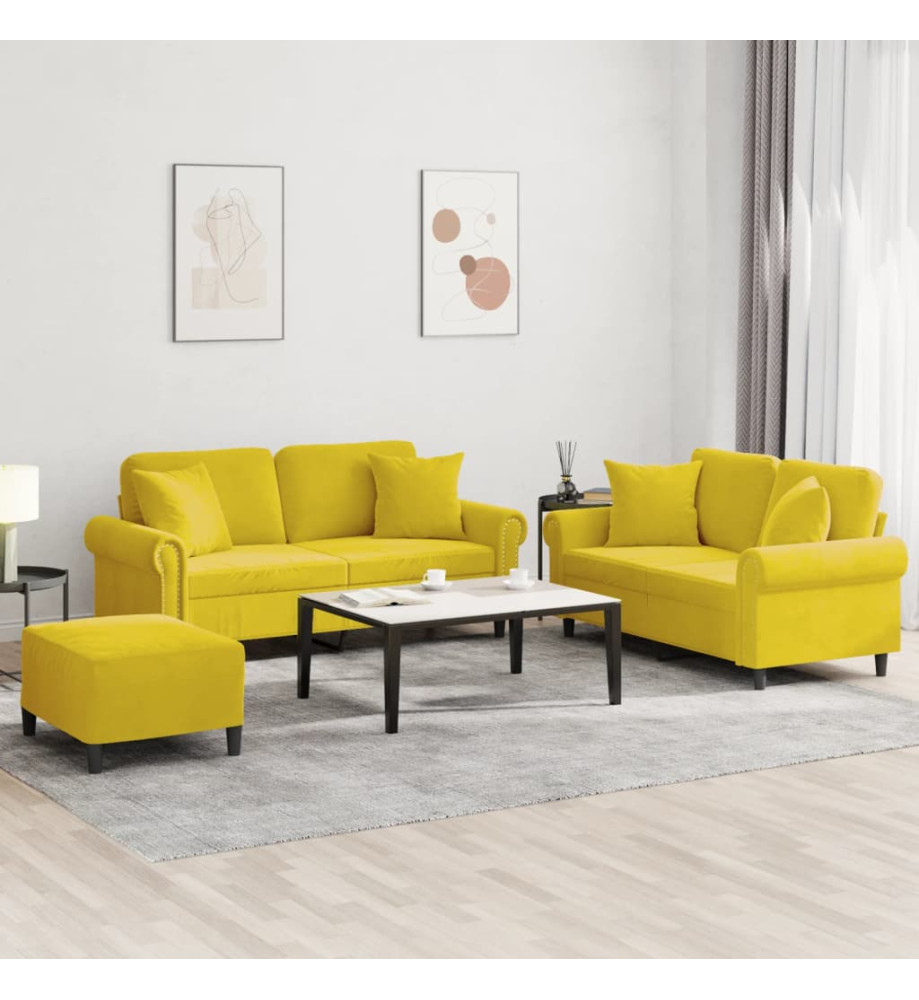 Ensemble de canapés 3 pcs avec coussins jaune velours