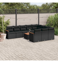 Salon de jardin 11 pcs avec coussins noir résine tressée