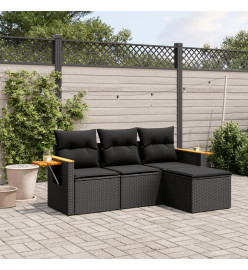 Salon de jardin 4 pcs avec coussins noir résine tressée