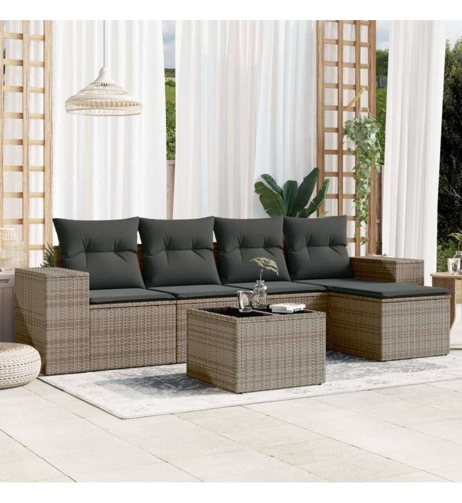Salon de jardin 6 pcs avec coussins gris résine tressée Salon de jardin 6 pcs avec coussins gris résine tressée