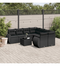 Salon de jardin 9 pcs avec coussins noir résine tressée
