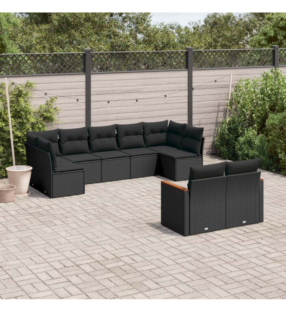 Salon de jardin 9 pcs avec coussins noir résine tressée Salon de jardin 9 pcs avec coussins noir résine tressée