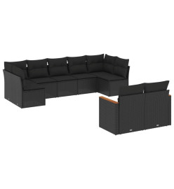 Salon de jardin 9 pcs avec coussins noir résine tressée