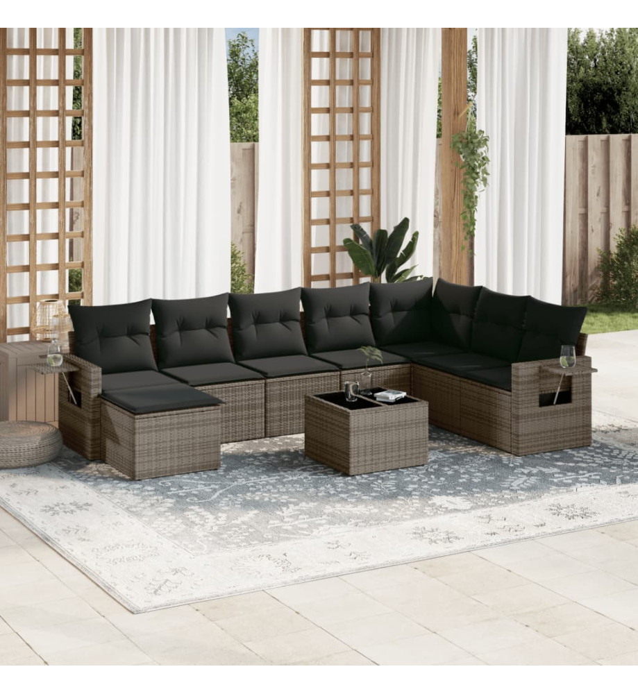 Salon de jardin 9 pcs avec coussins gris résine tressée Salon de jardin 9 pcs avec coussins gris résine tressée
