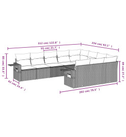 Salon de jardin avec coussins 10 pcs gris résine tressée