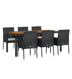 Ensemble à dîner de jardin et coussins 7pcs Noir Résine tressée