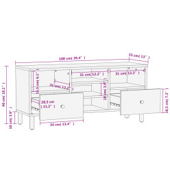 Meuble TV noir 100x33x46 cm bois massif de manguier